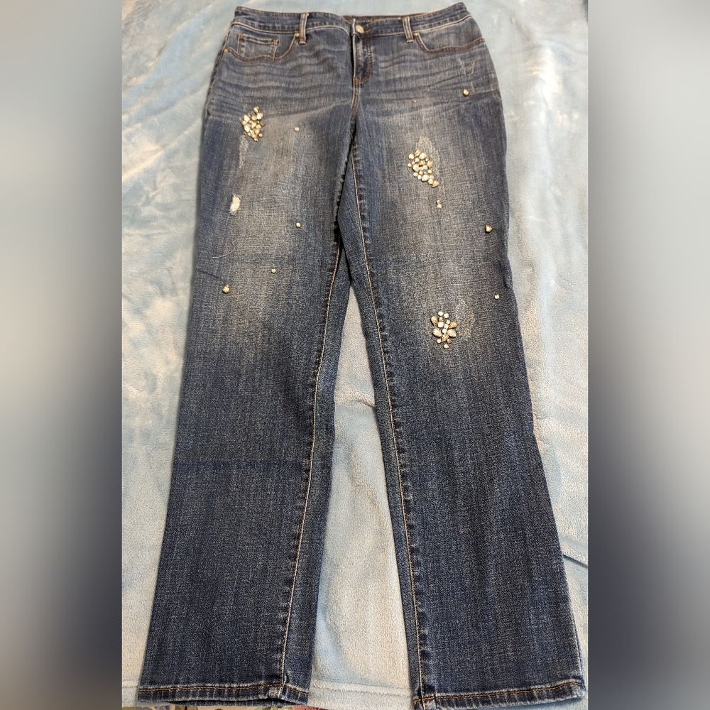 Chico's So Slimming Girlfriend Slim Leg Ankle Jeans Distressed Embellished Sz 2T